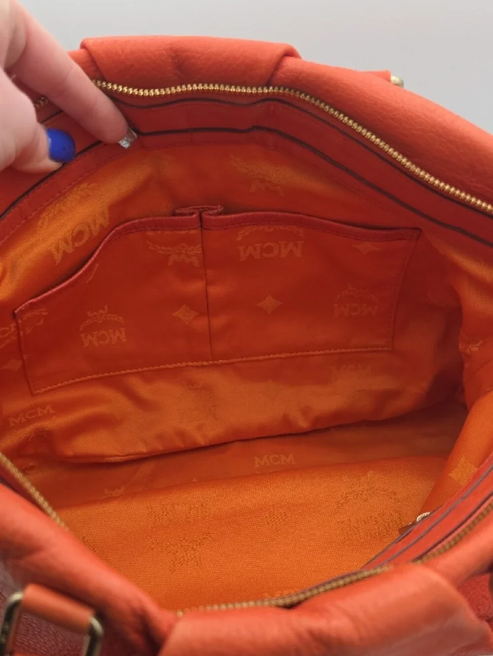 MCM Bright Orange Visetos Embossed Top Double Handles Large Satchel Bag (EUC)🧡✨